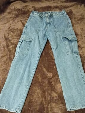 Men's Light Blue Denim Cargo Pants with Elastic Waist